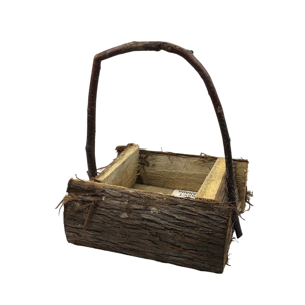 Primitive Rustic Log Basket Natural Bark Wood Branch Handle Cottagecore Canadian